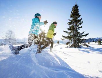 Two people on a snowshoe hike